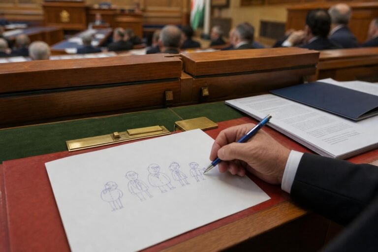 Rajzot k&eacute;sz&iacute;tett P&oacute;cs J&aacute;nos a parlamentben, mik&ouml;zben Magyar P&eacute;ter a gyermekv&eacute;delemről besz&eacute;lt