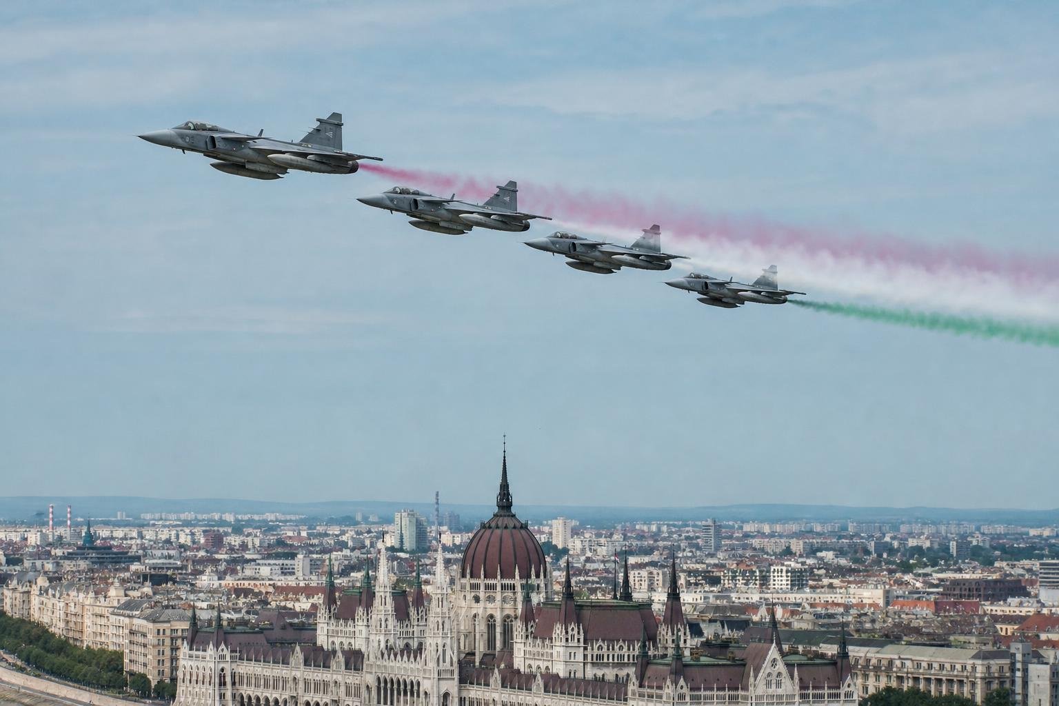 L&eacute;gt&eacute;rkorl&aacute;toz&aacute;s volt Budapest felett Magyar P&eacute;ter besz&eacute;de előtt, Gripenek is &aacute;trep&uuml;ltek a Kossuth t&eacute;r felett